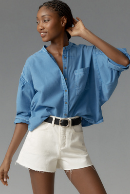 PILCRO COTTON LINEN BATWING BUTTONDOWN BLOUSE 