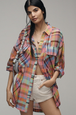 PILCRO LONG-SLEEVE MIXED MADRAS PLAID OVERSIZED BUTTONDOWN SHIRT 
