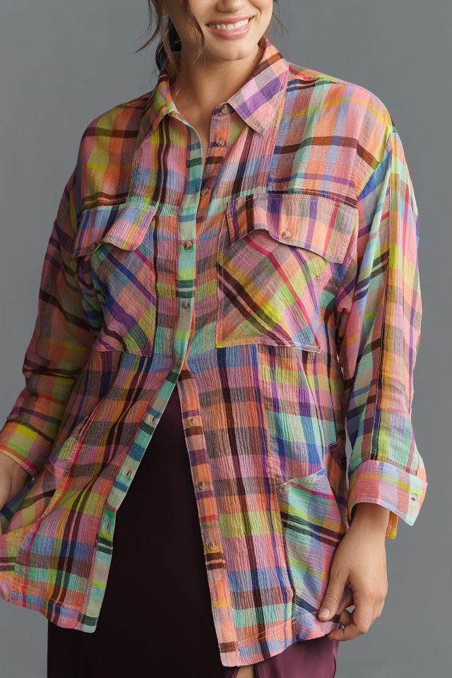 Pilcro Long-Sleeve Mixed Madras Plaid Oversized Buttondown Shirt #7
