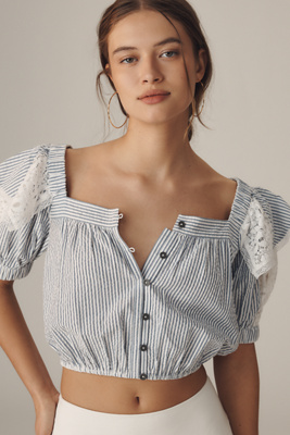 Shop Maeve Ruffled Puff-sleeve Button-front Cropped Blouse In Blue