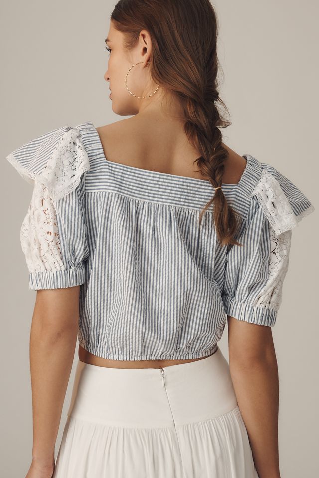 Maeve Ruffled Puff-Sleeve Button-Front Crop Blouse #1