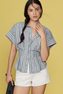 Pilcro Short-Sleeve Collared Fitted-Waist Blouse