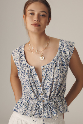 PILCRO SLEEVELESS SCOOP-NECK TIE-WAIST BLOUSE 