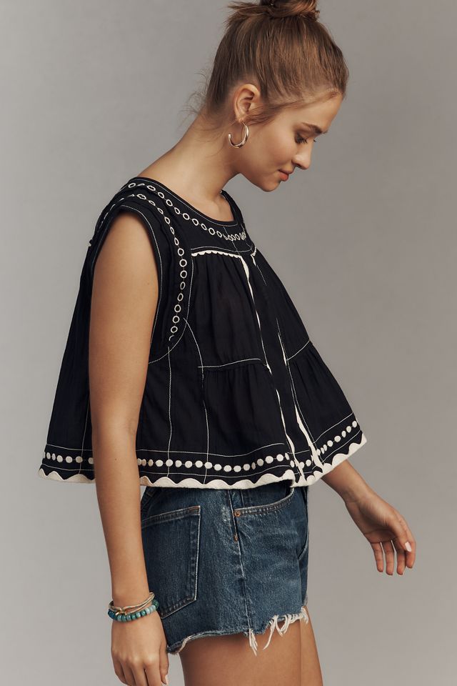 By Anthropologie Embellished Graphic Babydoll Top #2