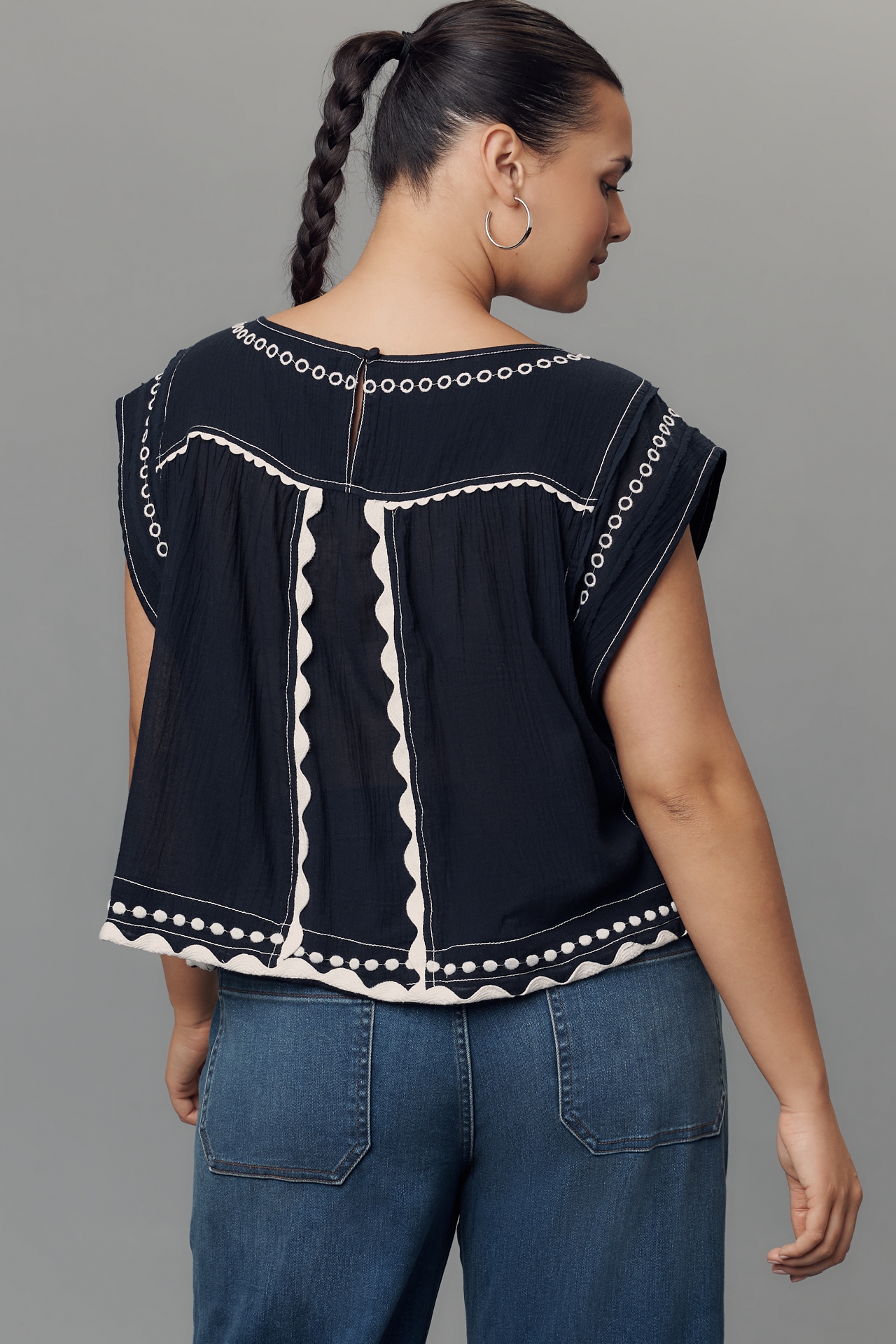 By Anthropologie Embellished Graphic Babydoll Top