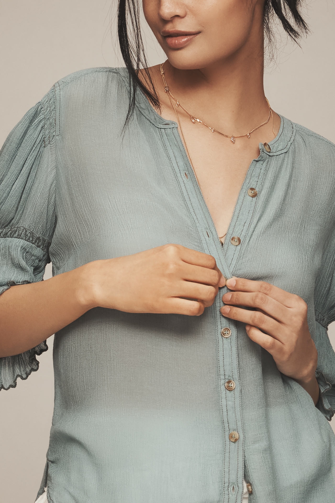 Pilcro Gauzy Bubble Sleeve Buttondown Top