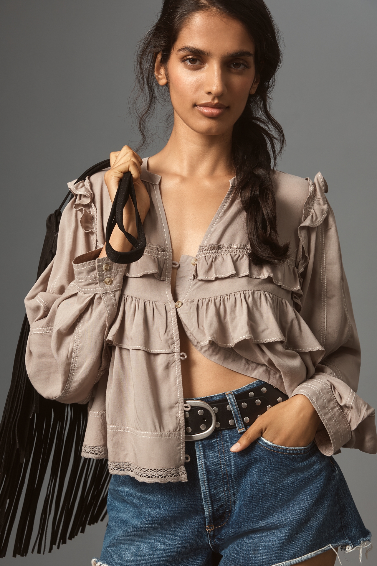 Pilcro Long-Sleeve Ruffle Swing Blouse