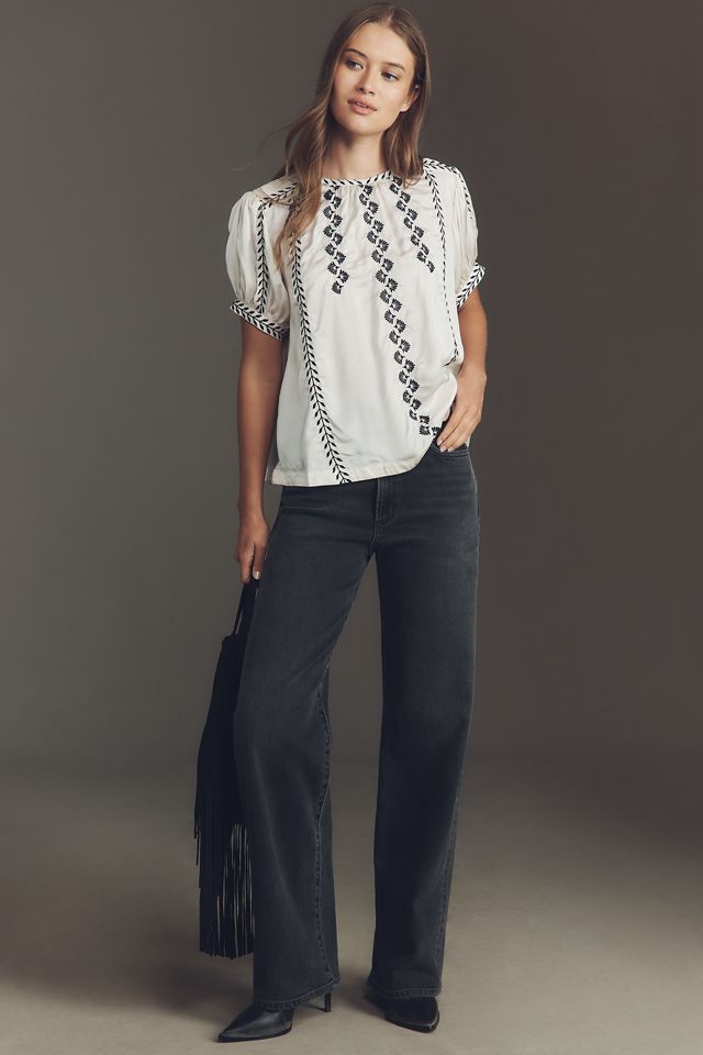 By Anthropologie Puff-Sleeve Embroidered Top
