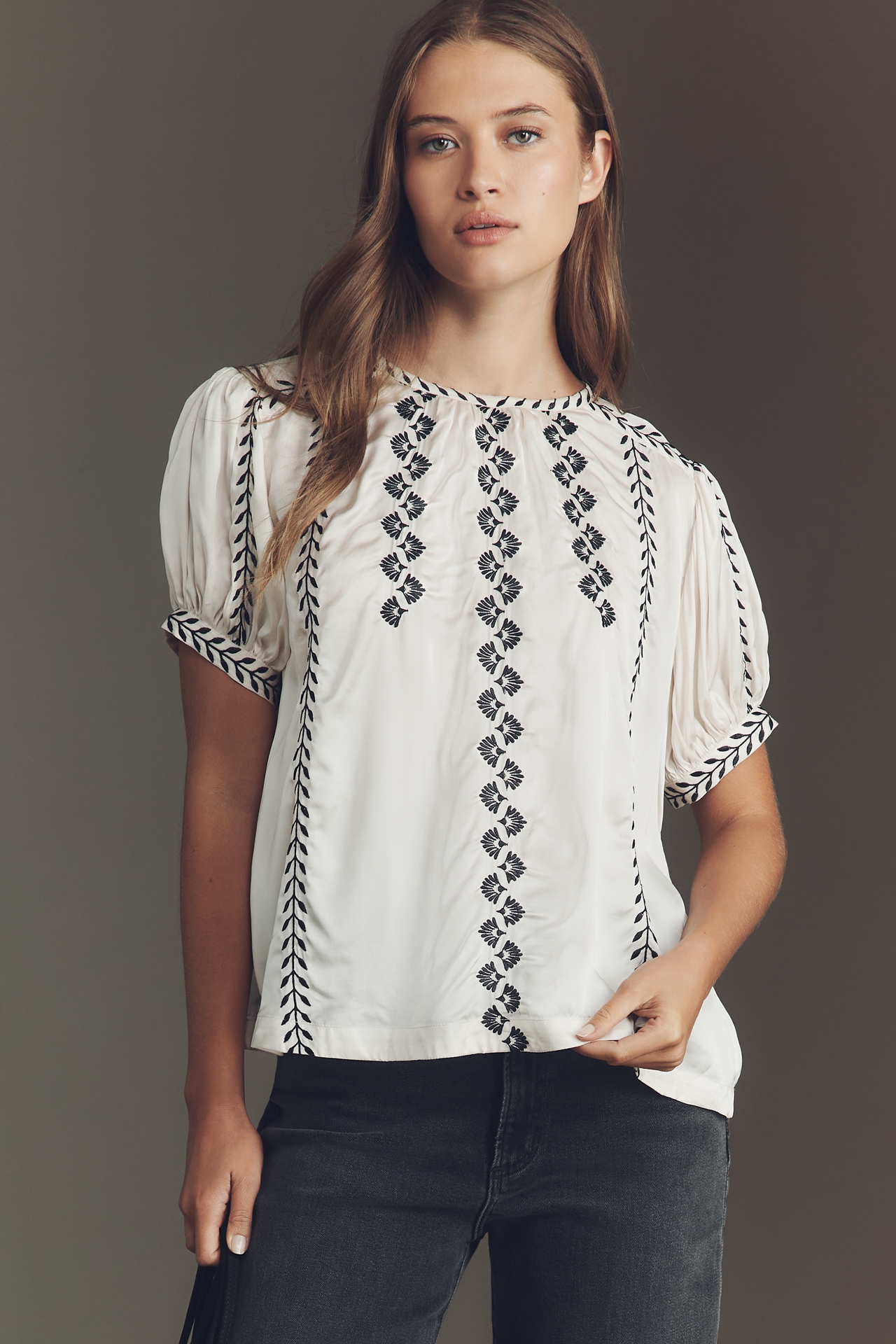 By Anthropologie Puff-Sleeve Embroidered Top