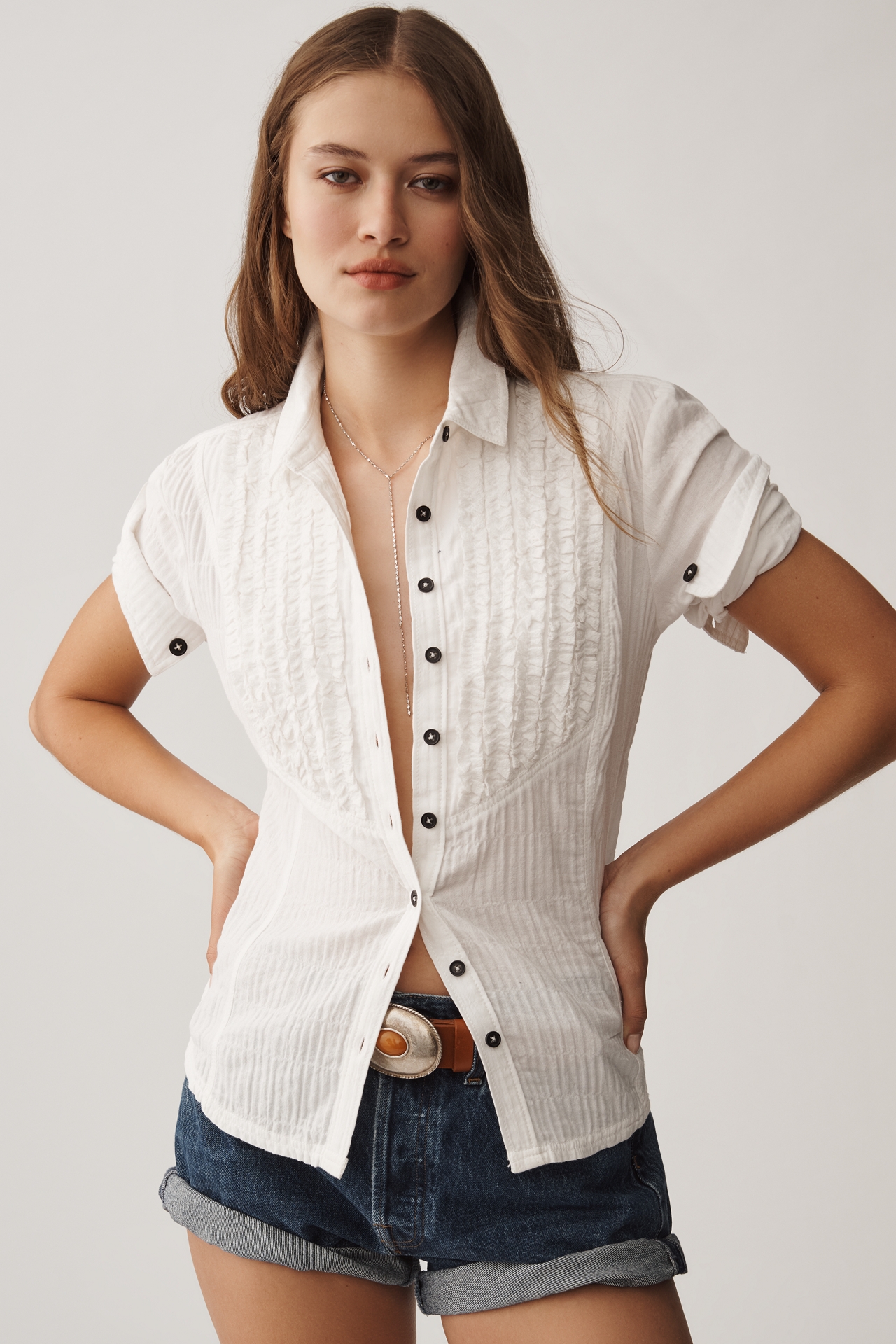 Pilcro Fitted Tuxedo Short-Sleeve Top