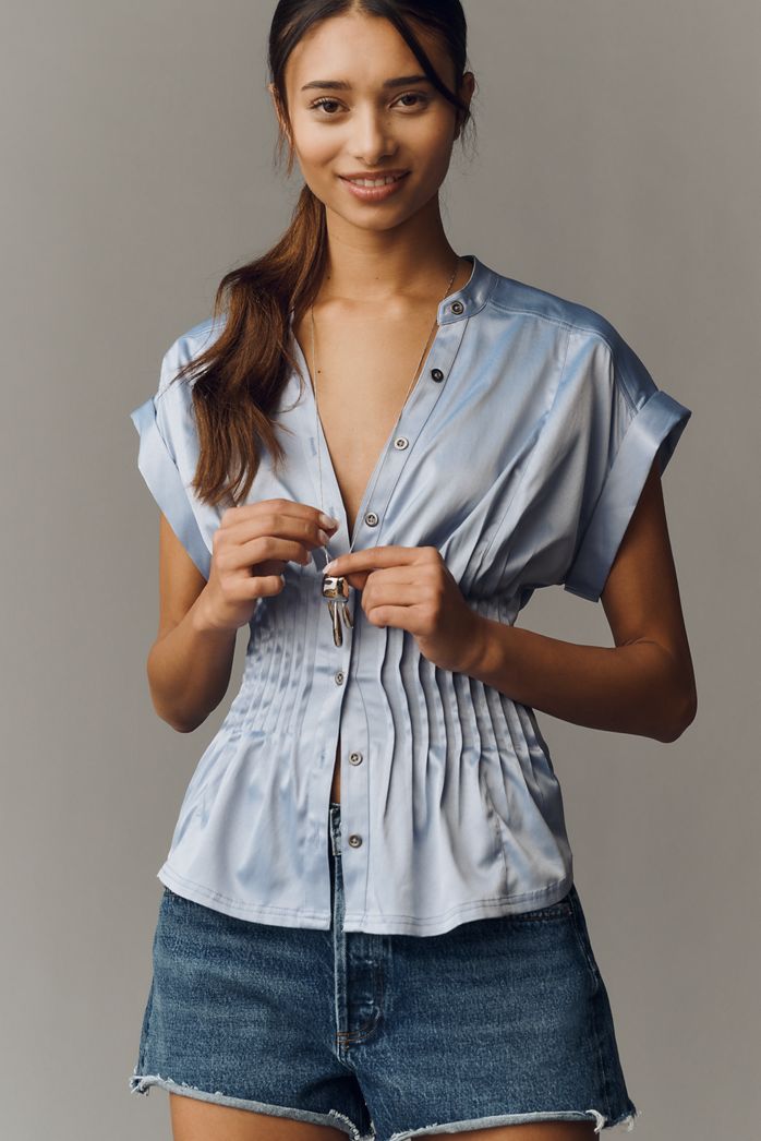 The Linden Silky Pleated Waisted Blouse by Pilcro