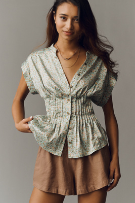 The Linden Silky Pleated Waisted Blouse by Pilcro