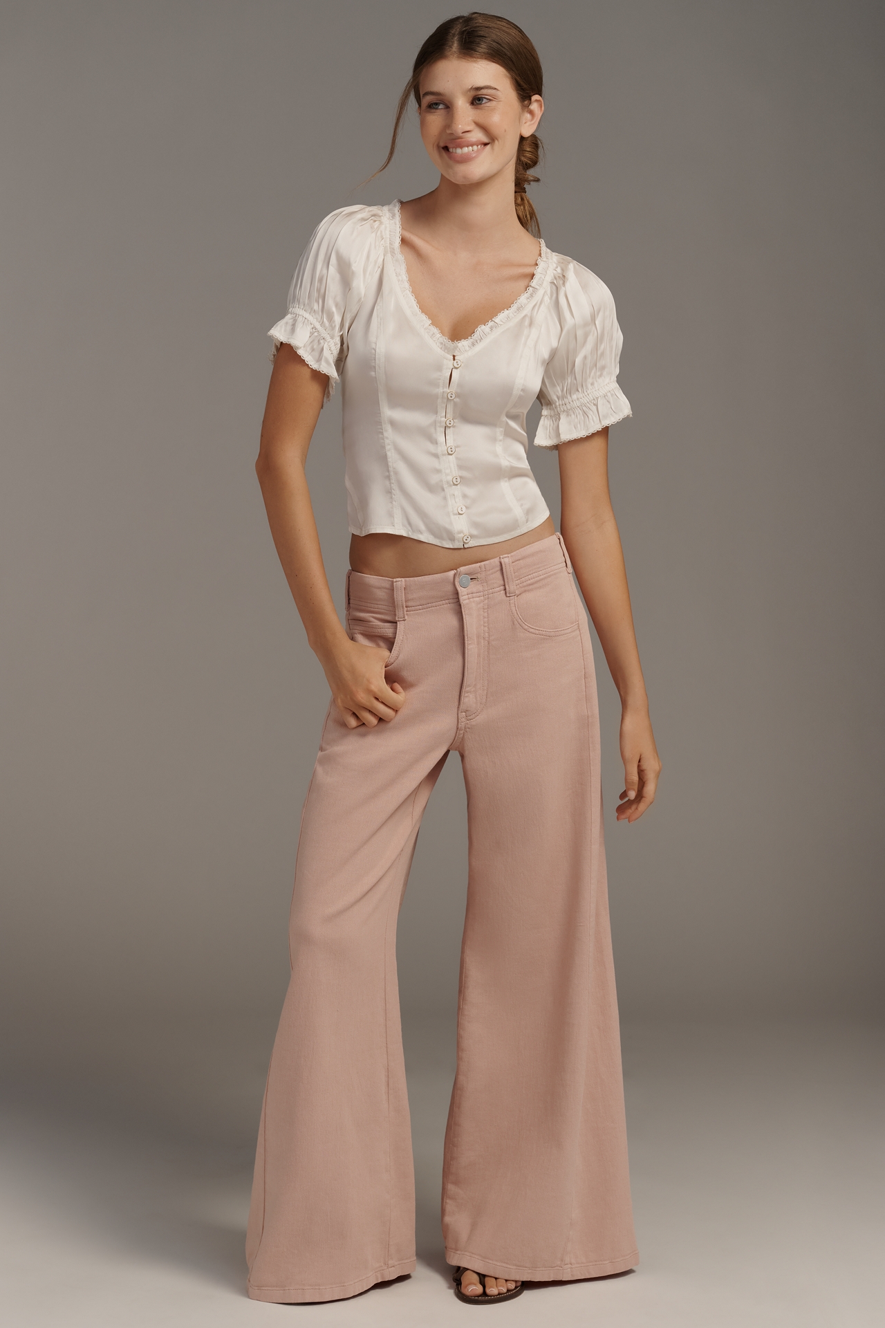 By Anthropologie Puff-Sleeve Ruffle Buttondown Top