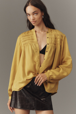 Pilcro Silky Smocked Buttondown Shirt In Yellow