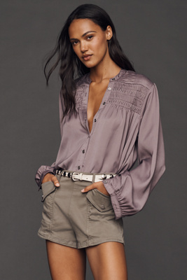Pilcro Silky Smocked Buttondown Shirt In Purple