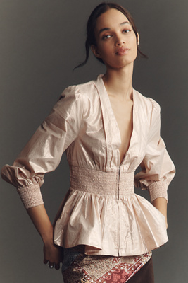 Maeve The Tommie Long-sleeve Shine Smocked Front-zip Blouse In Pink