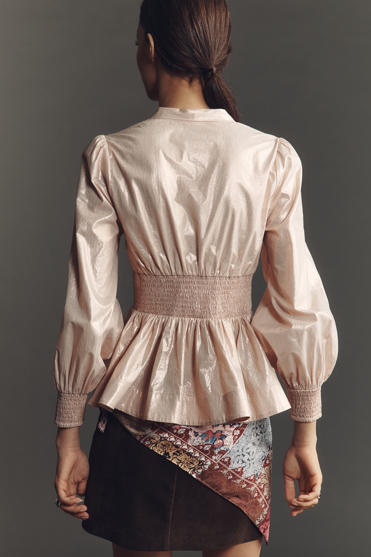 The Tommie Long-Sleeve Shine Smocked Front-Zip Blouse