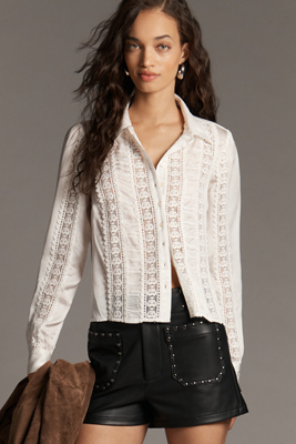By Anthropologie Lace Mix Buttondown Blouse In White