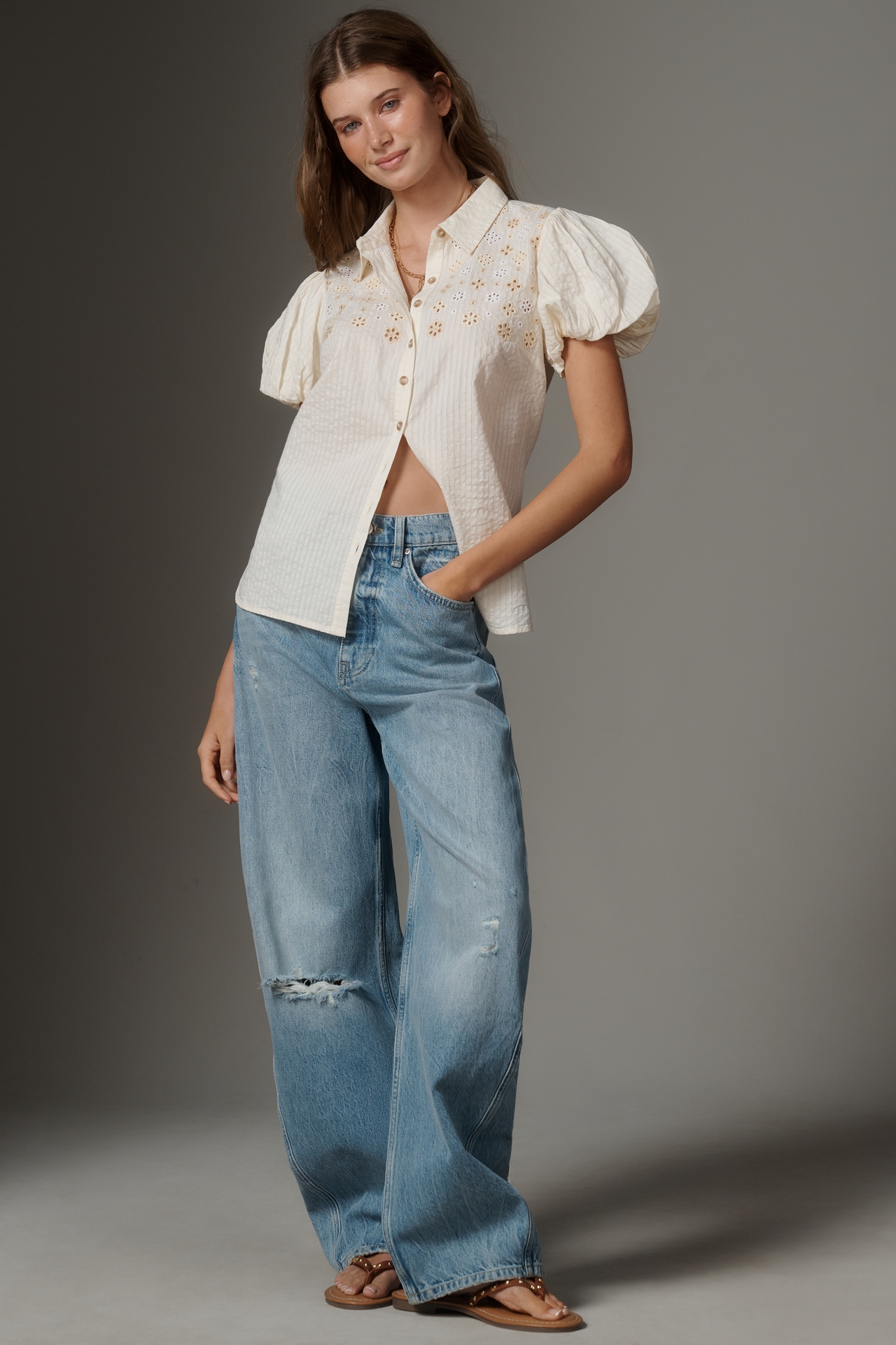 The Aly Eyelet Puff-Sleeve Blouse by Pilcro
