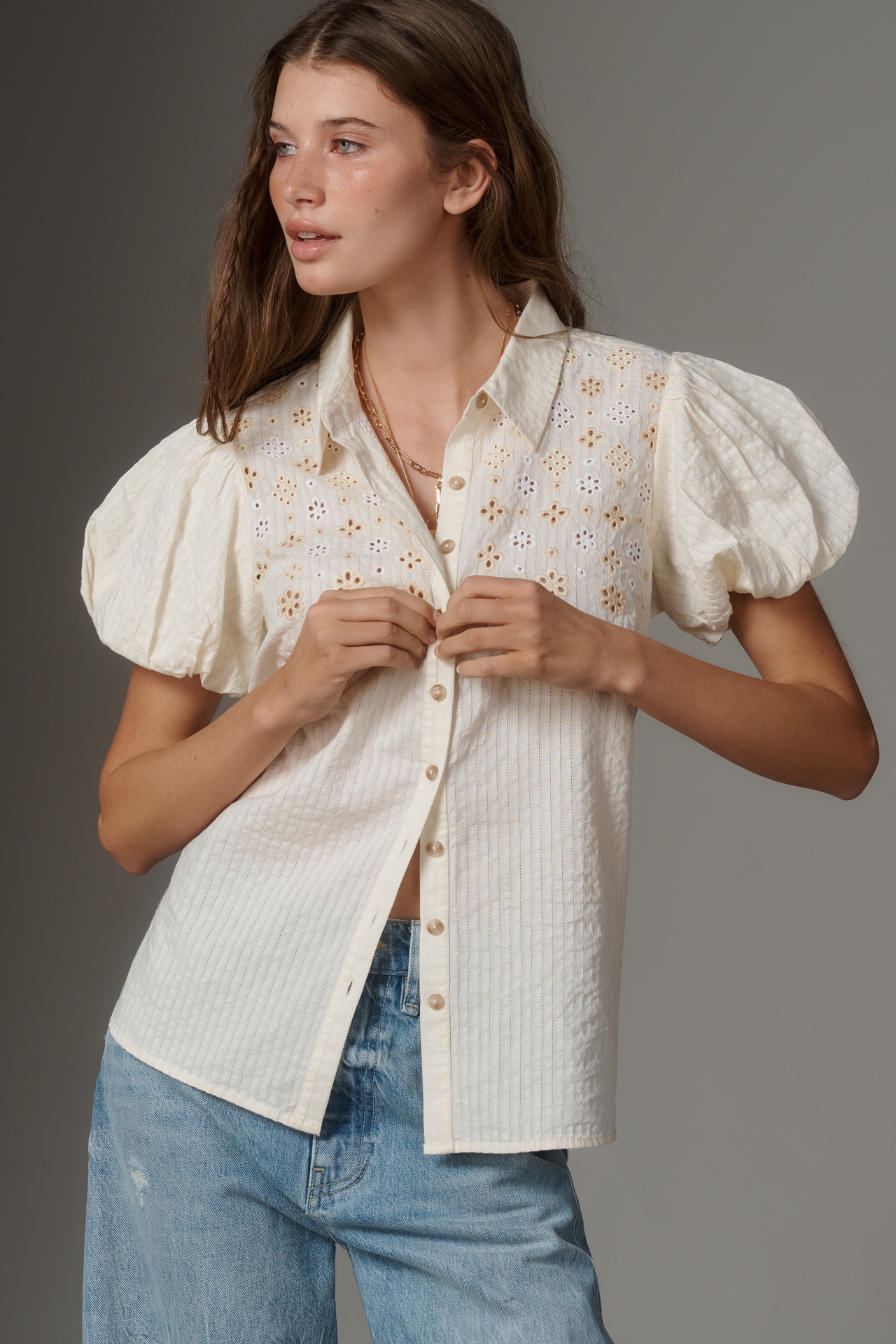 The Aly Eyelet Puff-Sleeve Blouse by Pilcro