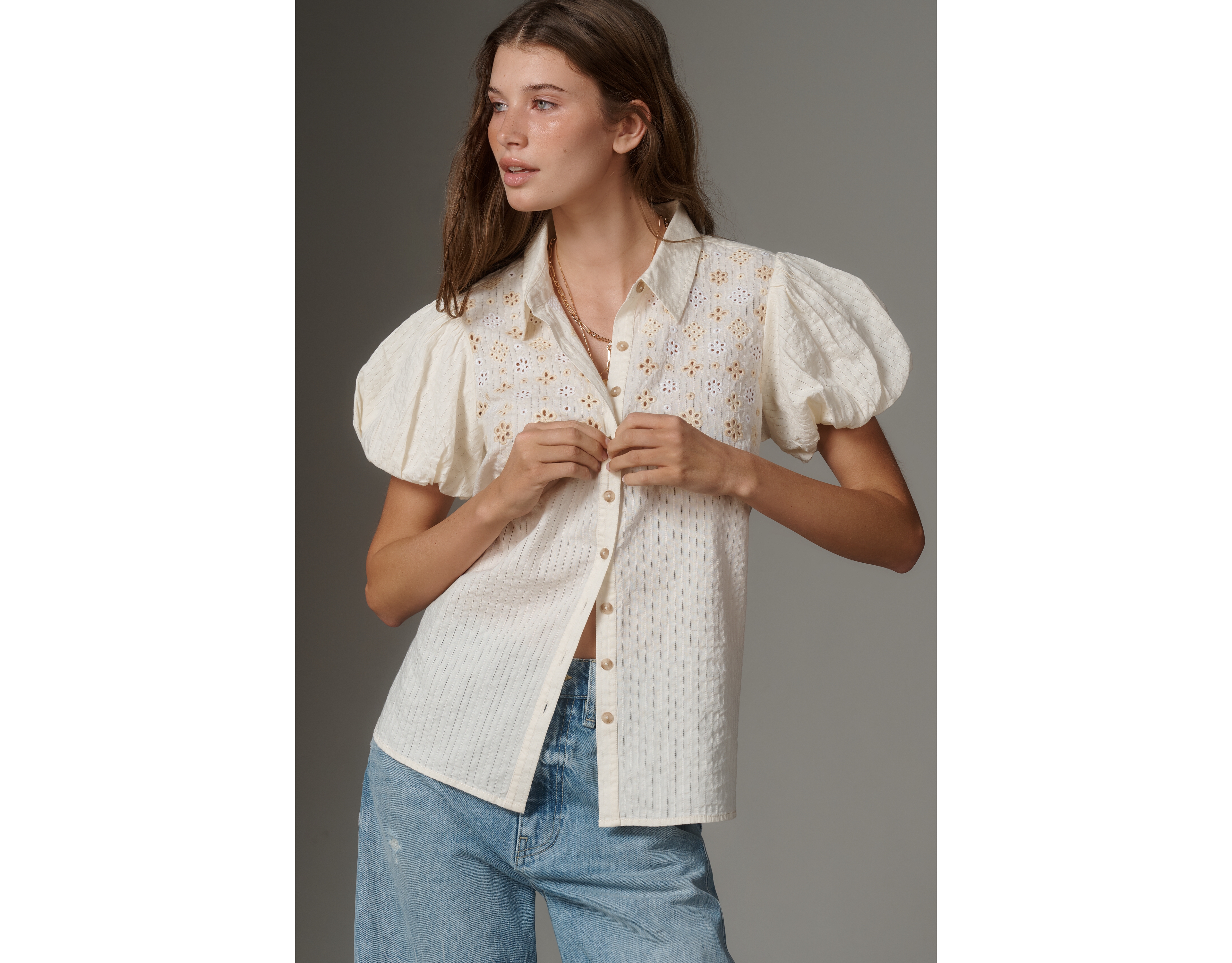 Eyelet Puff-Sleeve Blouse by Pilcro