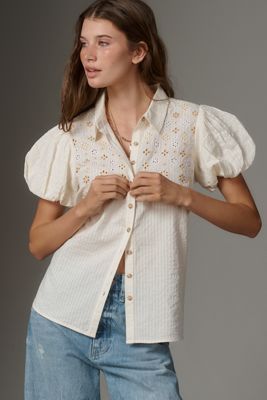 Eyelet Puff-Sleeve Blouse by Pilcro