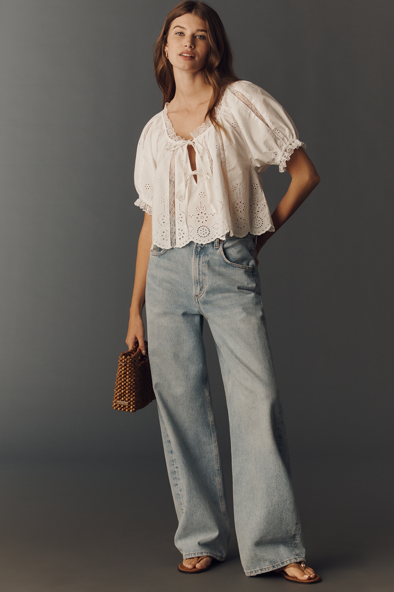 By Anthropologie Embroidered Puff-Sleeve Swing Top