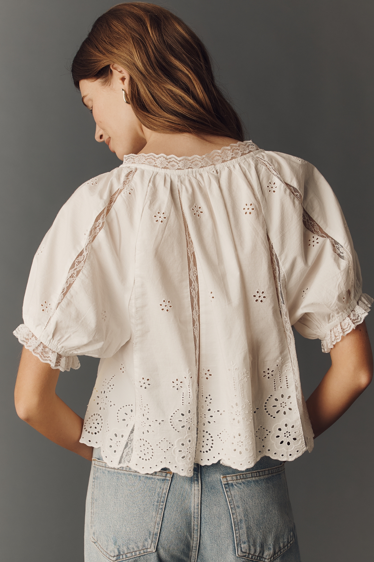 By Anthropologie Embroidered Puff-Sleeve Swing Top