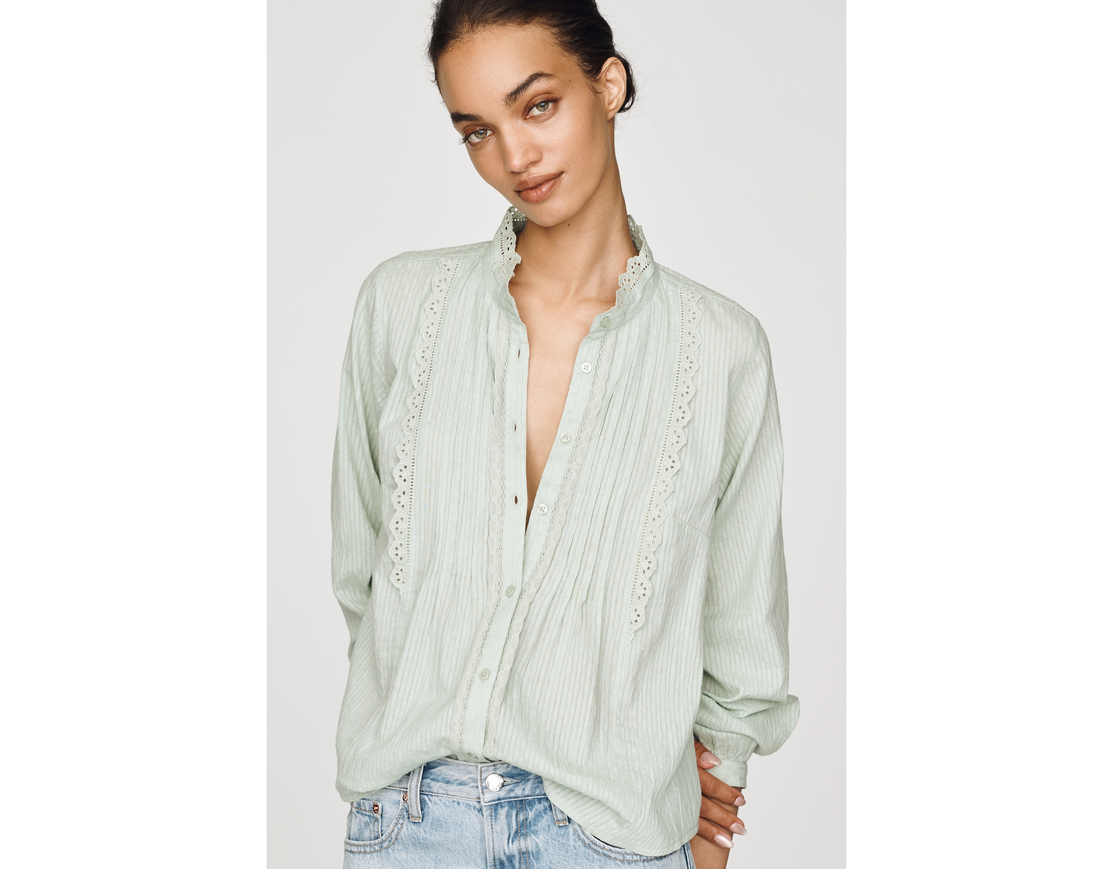 By Anthropologie 100% Cotton Lace Buttondown Blouse