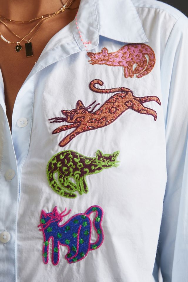 Maeve Feline Embroidered Buttondown | Anthropologie