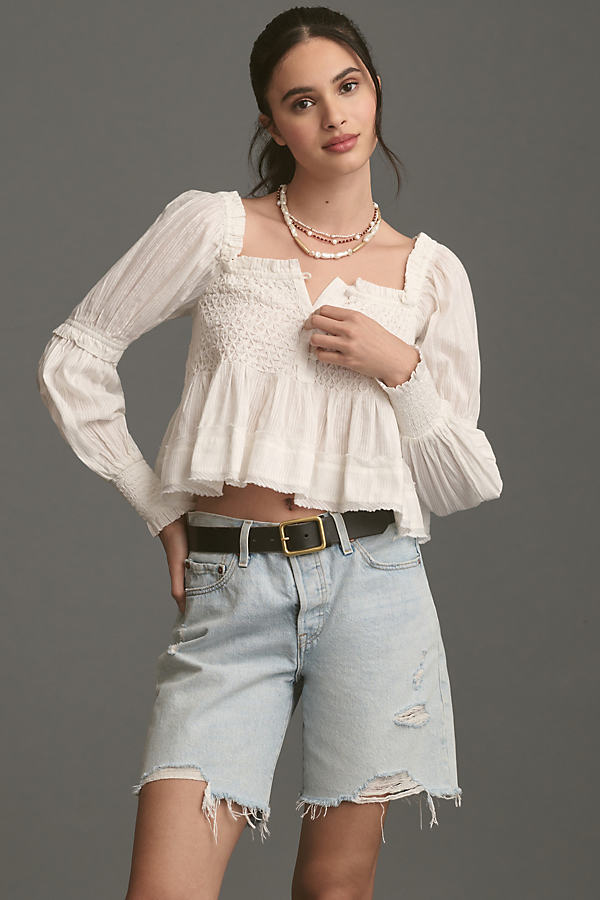 By Anthropologie Puff-Sleeve Cotton Babydoll Top