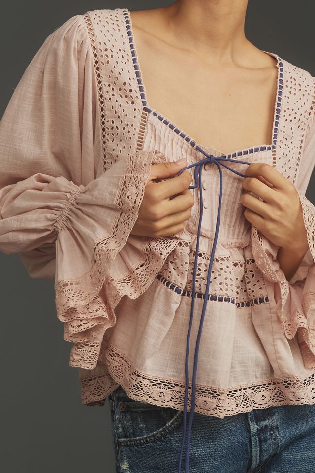 By Anthropologie Long-Sleeve Eyelet Swing Top #2