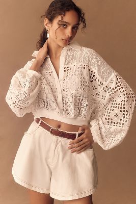 Shop Pilcro Cutwork Bubble-sleeve Shirt In White