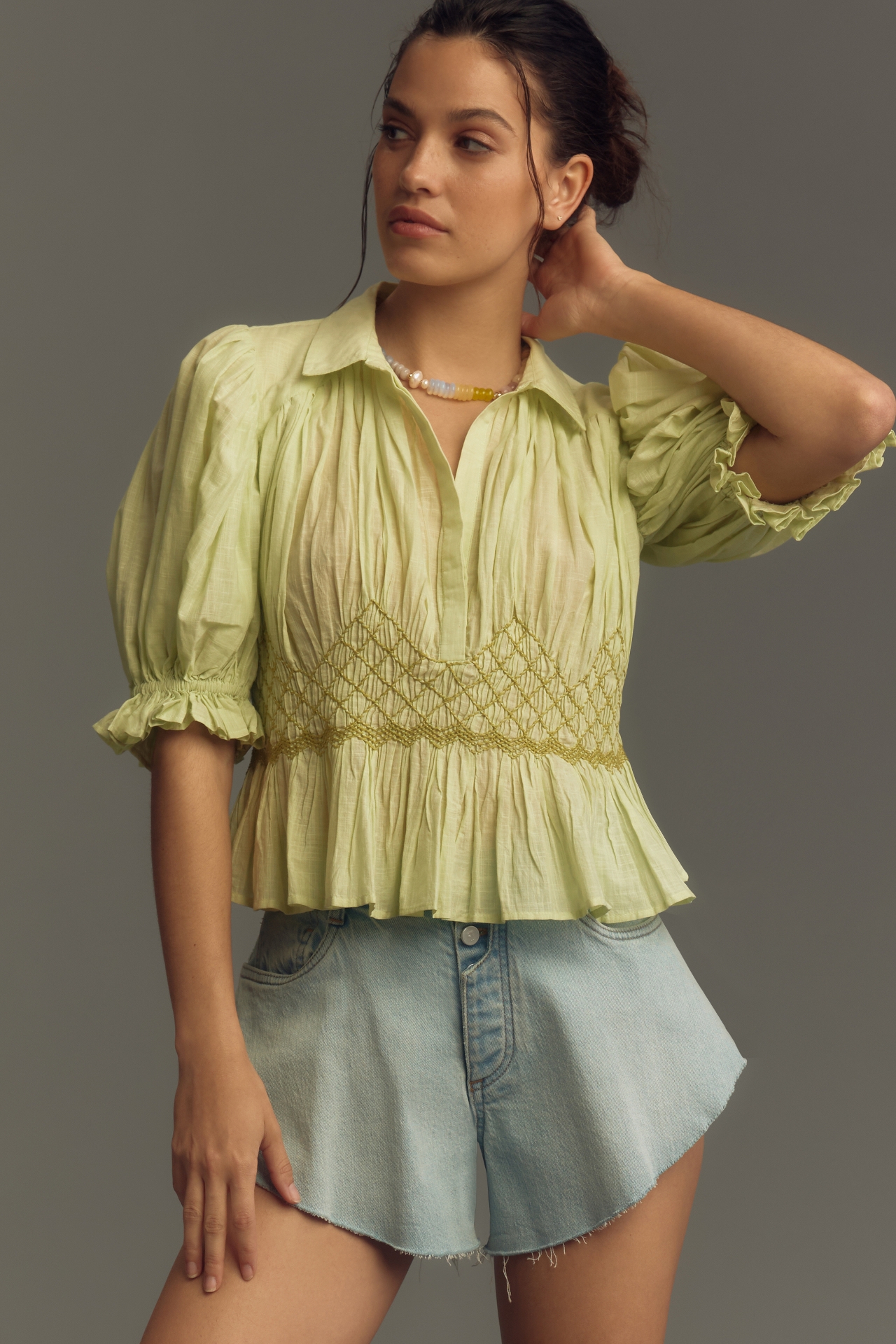 By Anthropologie Short-Sleeve Smocked Blouse