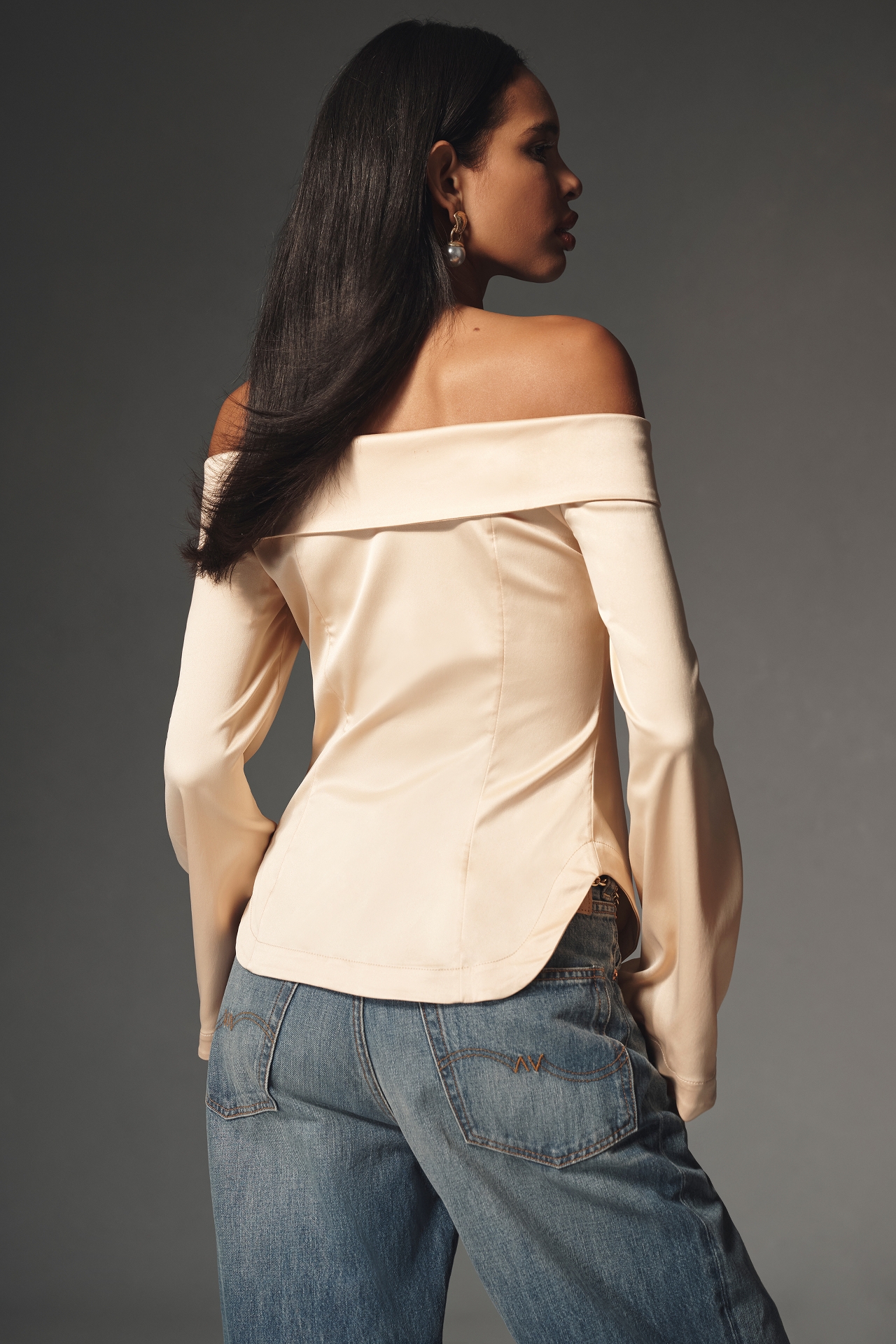 By Anthropologie Off-The-Shoulder Collared Silky Shirt