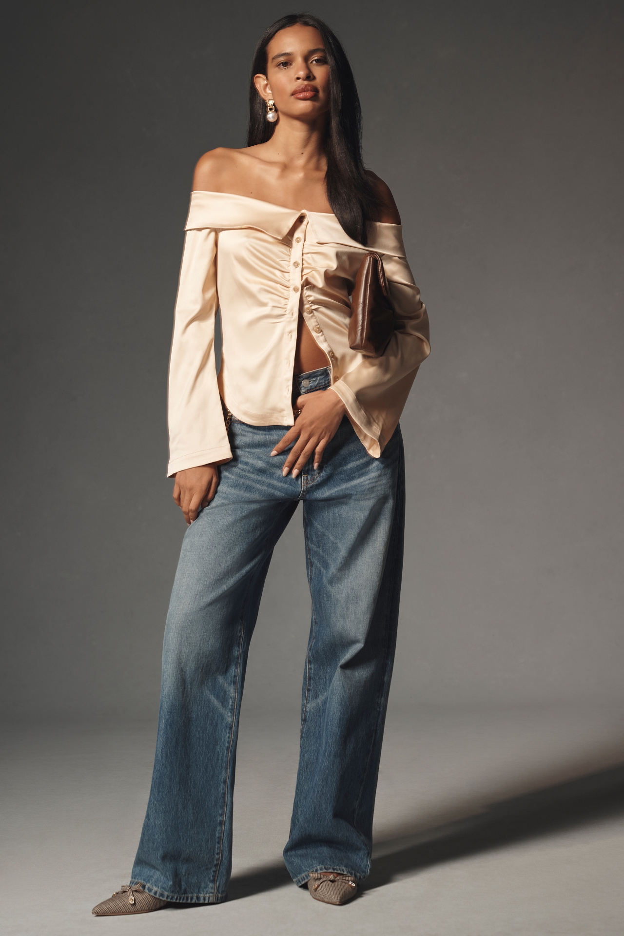 By Anthropologie Off-The-Shoulder Collared Silky Shirt