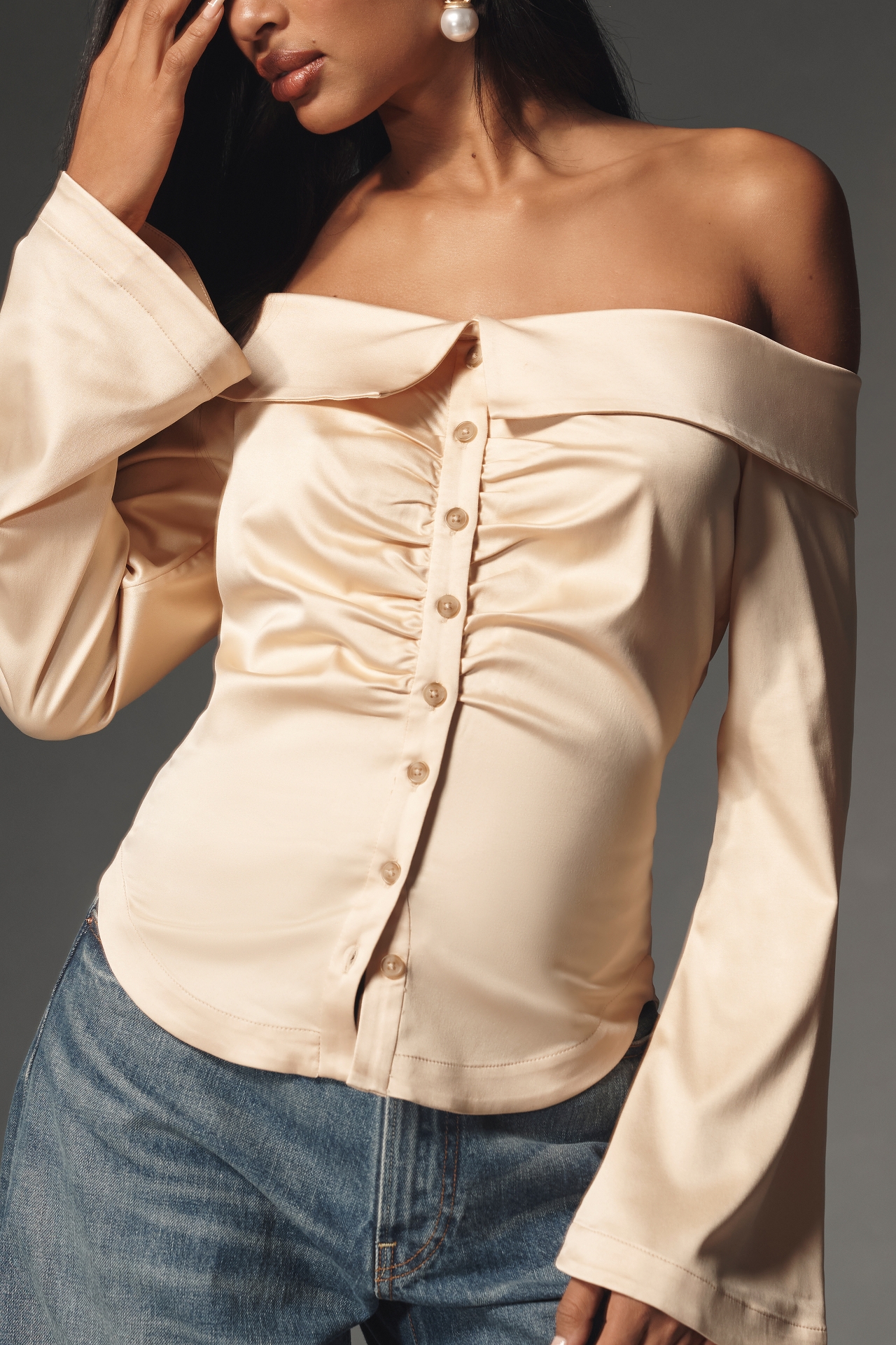 By Anthropologie Off-The-Shoulder Collared Silky Shirt