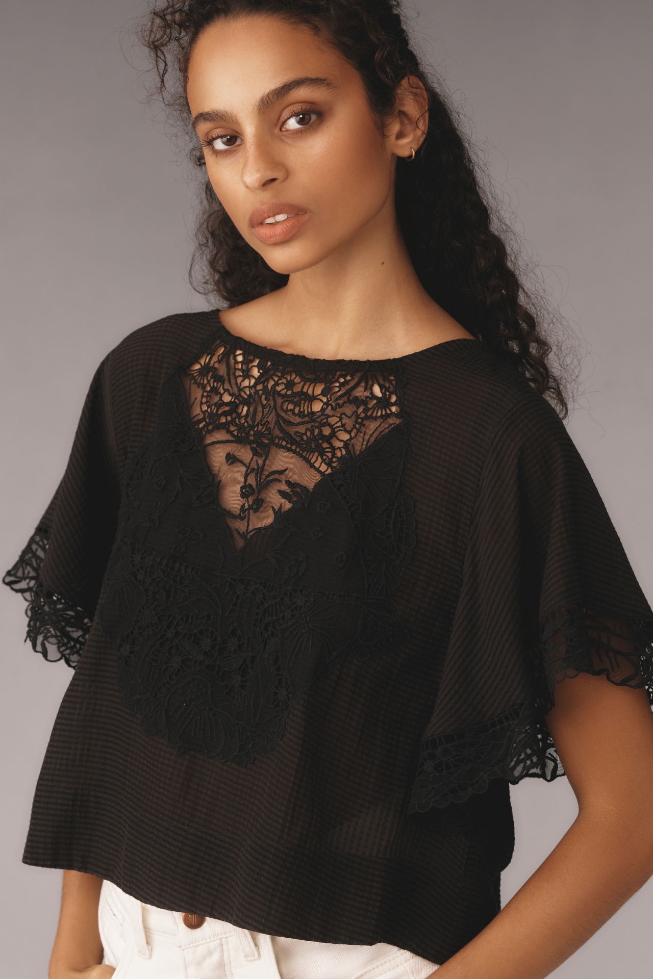 Maeve Short-Sleeve Sheer Lace Bow-Back Top