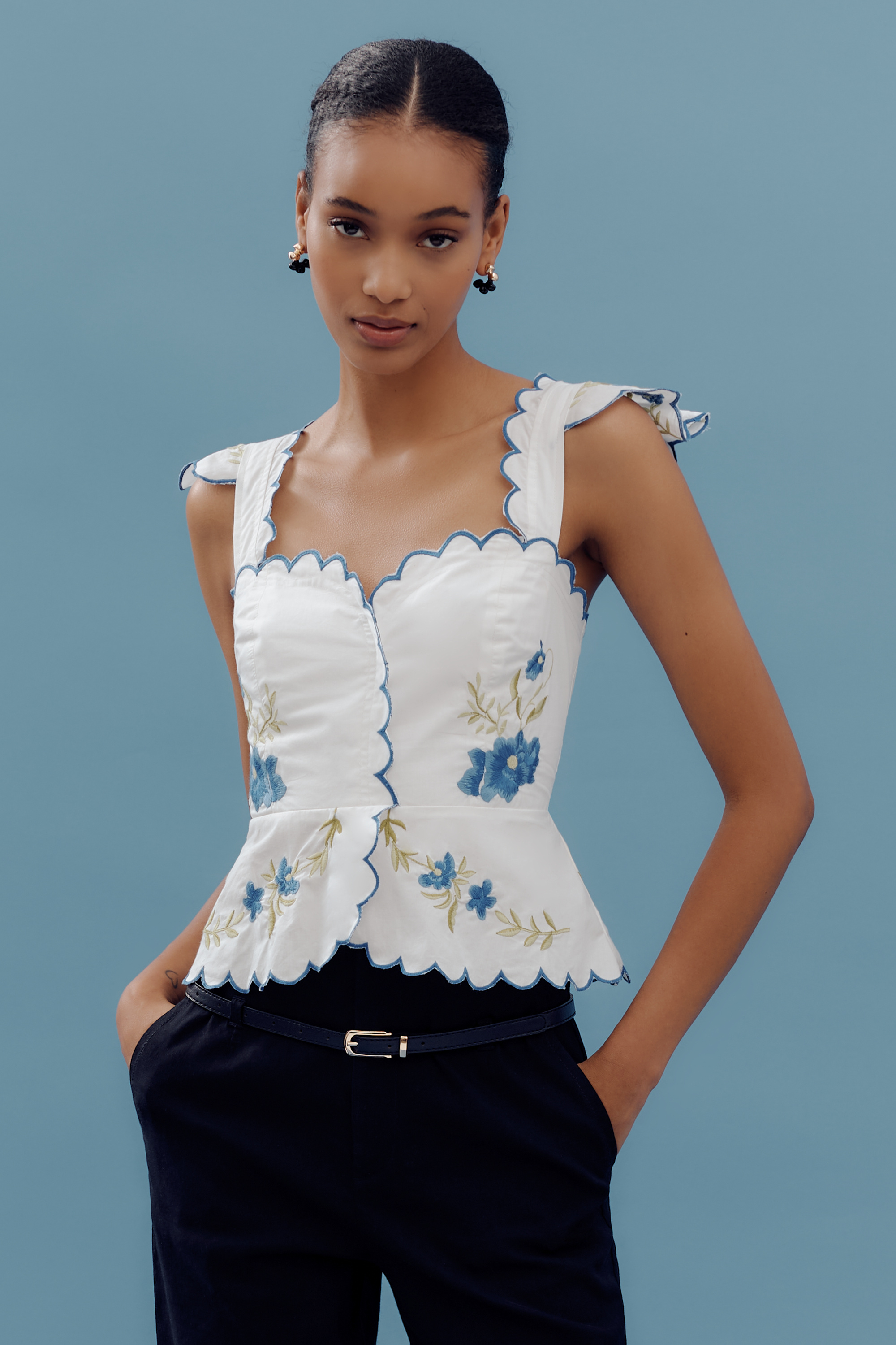 Ruffle-Strap Scallop Tea Towel Peplum Top - Image 1