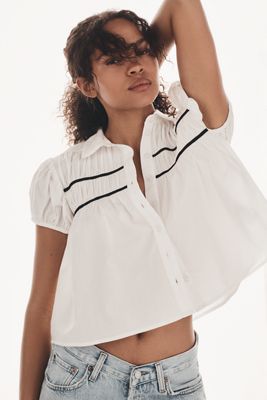 The Leandra Cap-Sleeve Shirred Yoke Blouse by Maeve