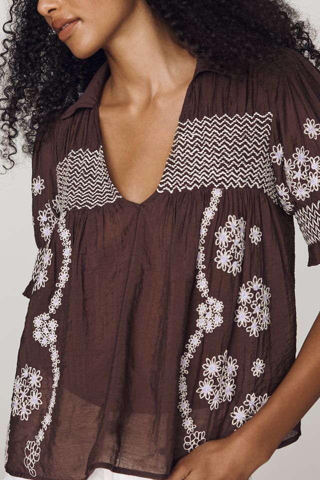 By Anthropologie Short-Sleeve Embroidered Swing Top #2