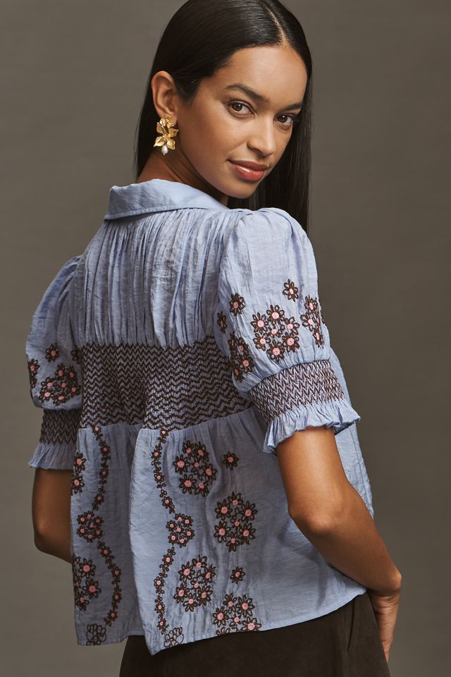 By Anthropologie Short-Sleeve Embroidered Swing Top #1