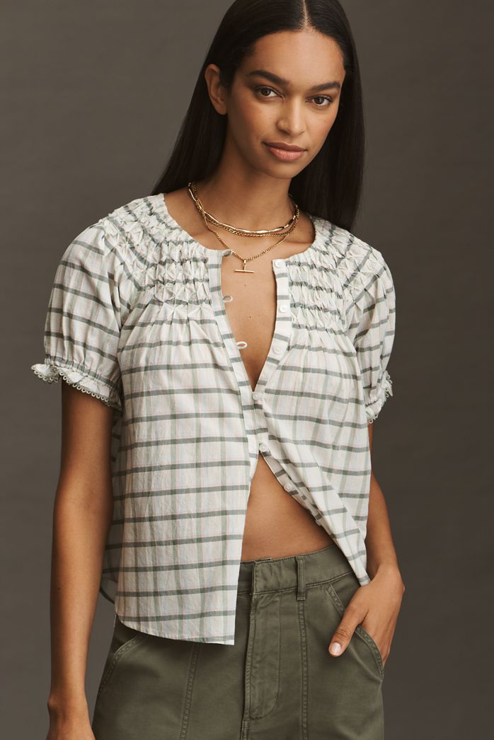 By Anthropologie Short-Sleeve Smocked Top