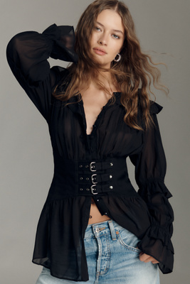 By Anthropologie Long-sleeve Sheer Corset Blouse In Black