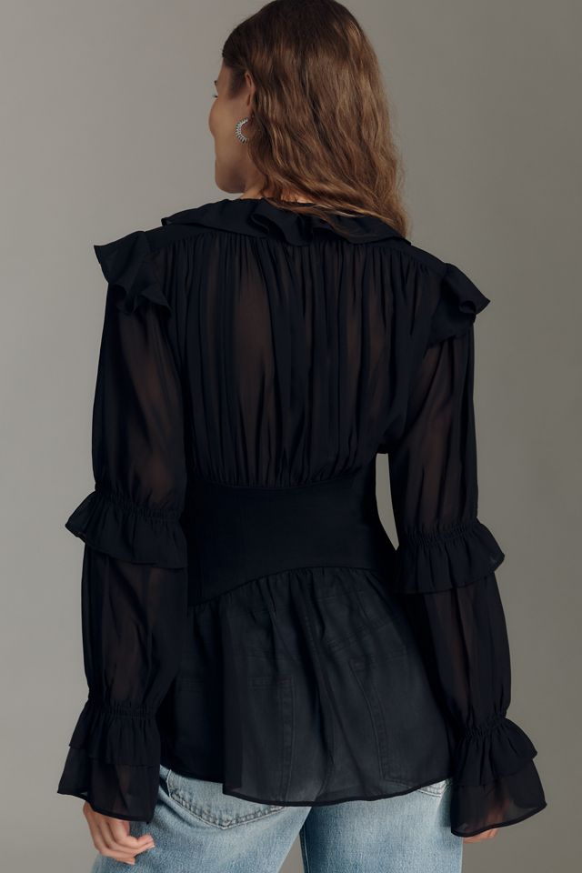 By Anthropologie Long-Sleeve Sheer Corset Blouse #1