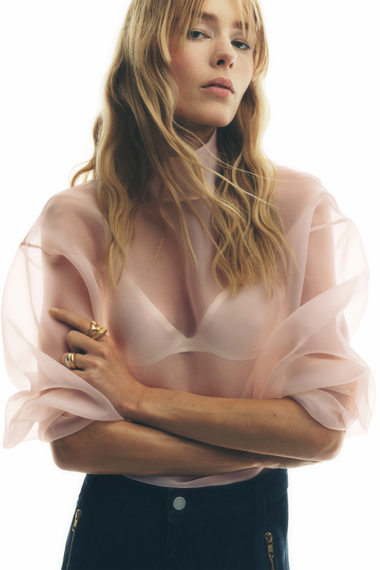 Maeve Sheer Long-Sleeve High-Neck Blouse