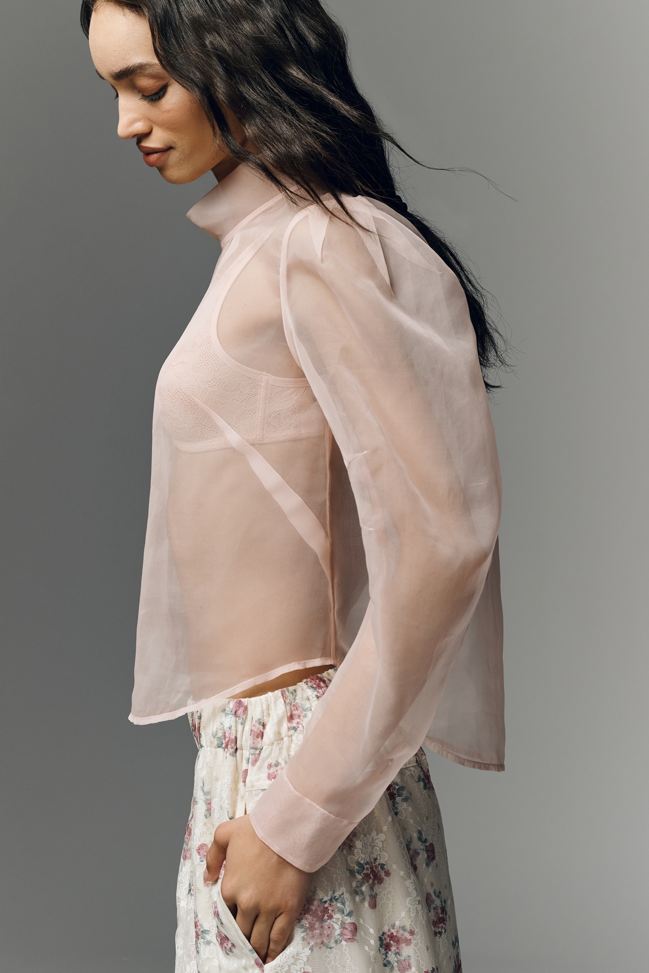 Maeve Sheer Long-Sleeve High-Neck Blouse