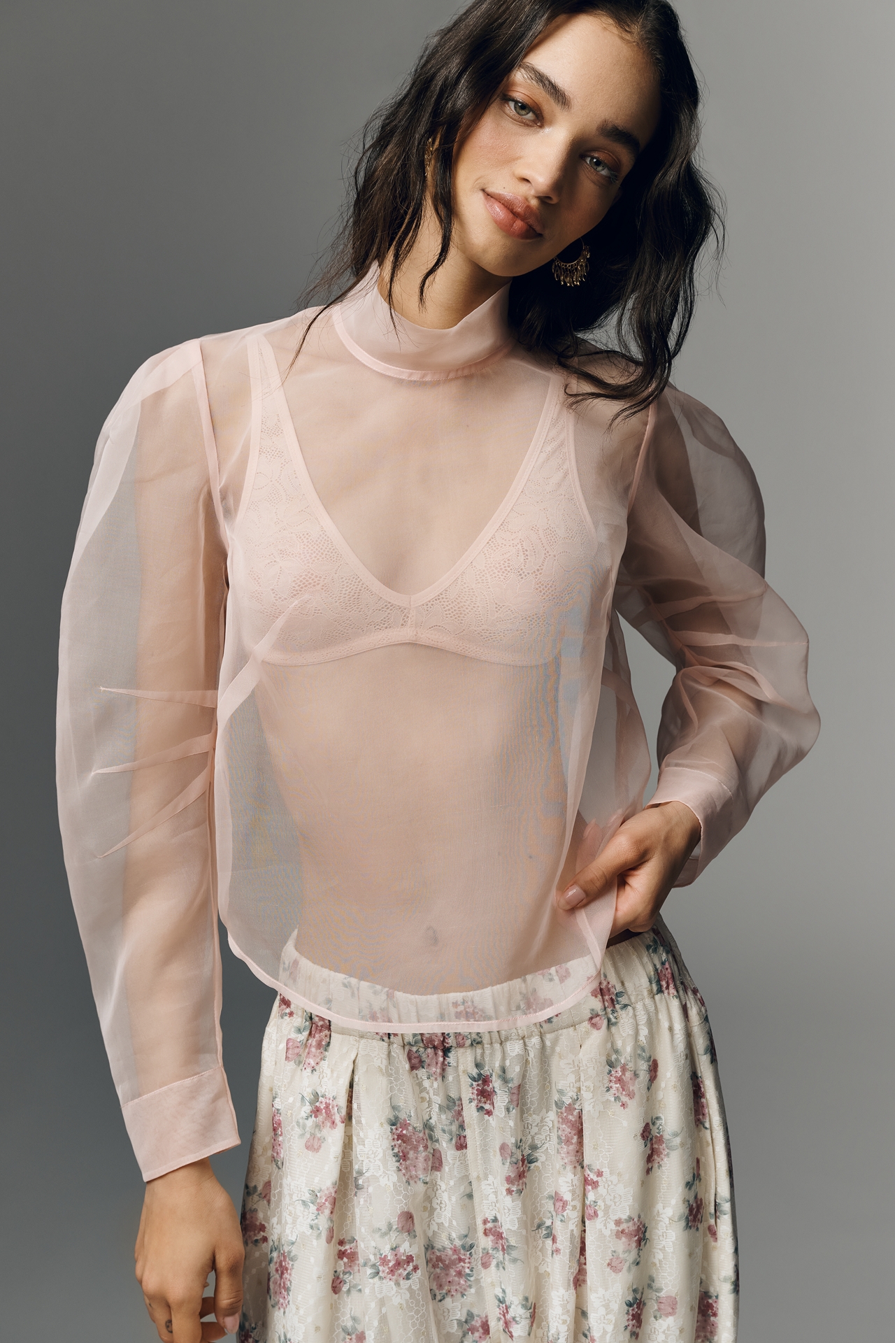 Maeve Sheer Long-Sleeve High-Neck Blouse