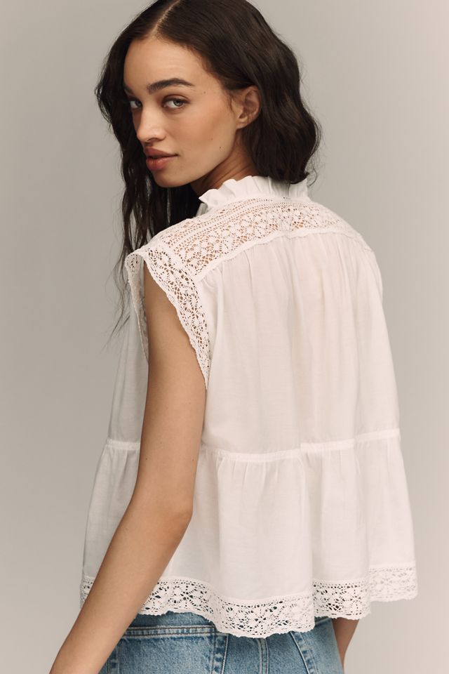 By Anthropologie Short-Sleeve Lace-Trim Swing Blouse #2