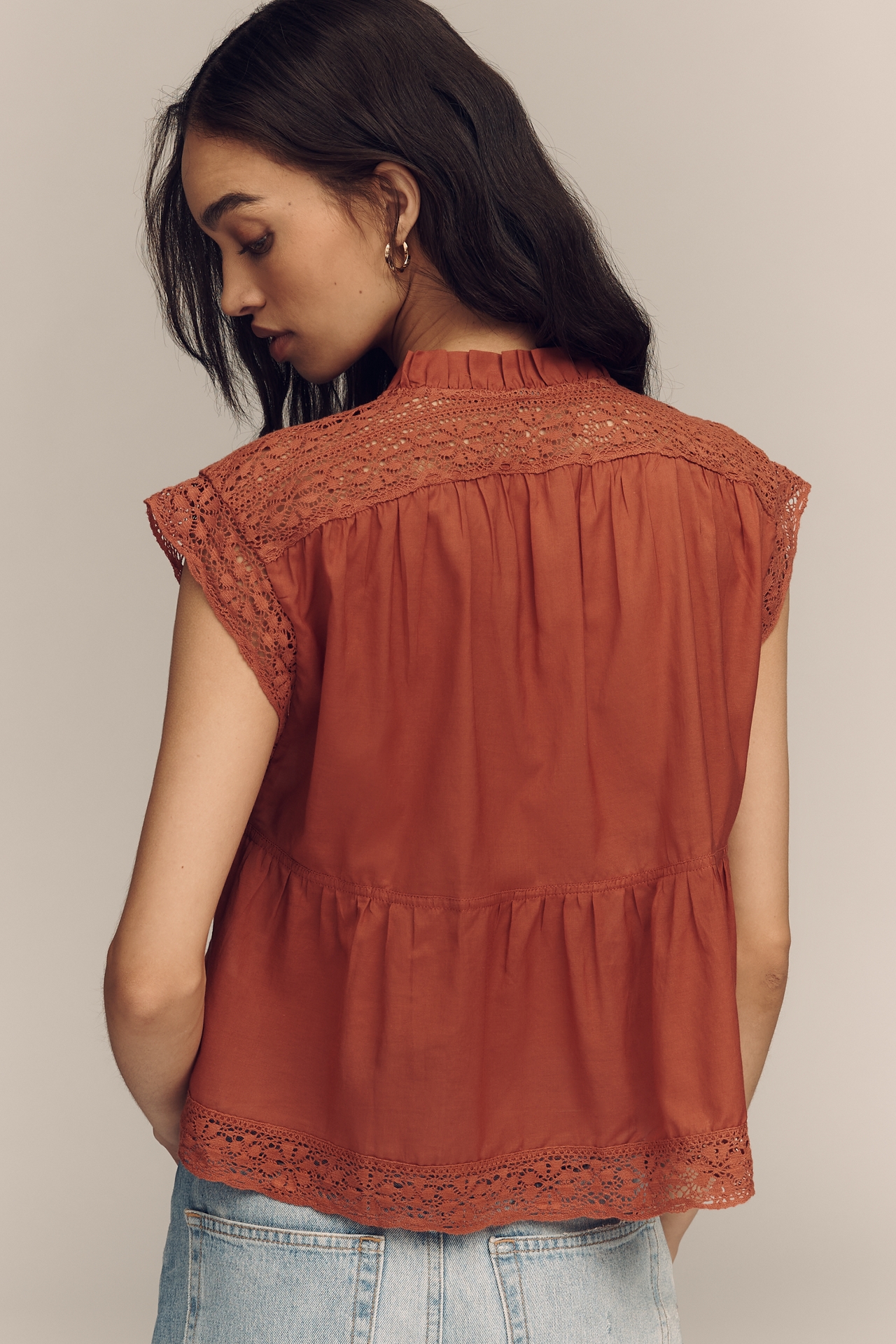By Anthropologie Short-Sleeve Lace-Trim Swing Blouse